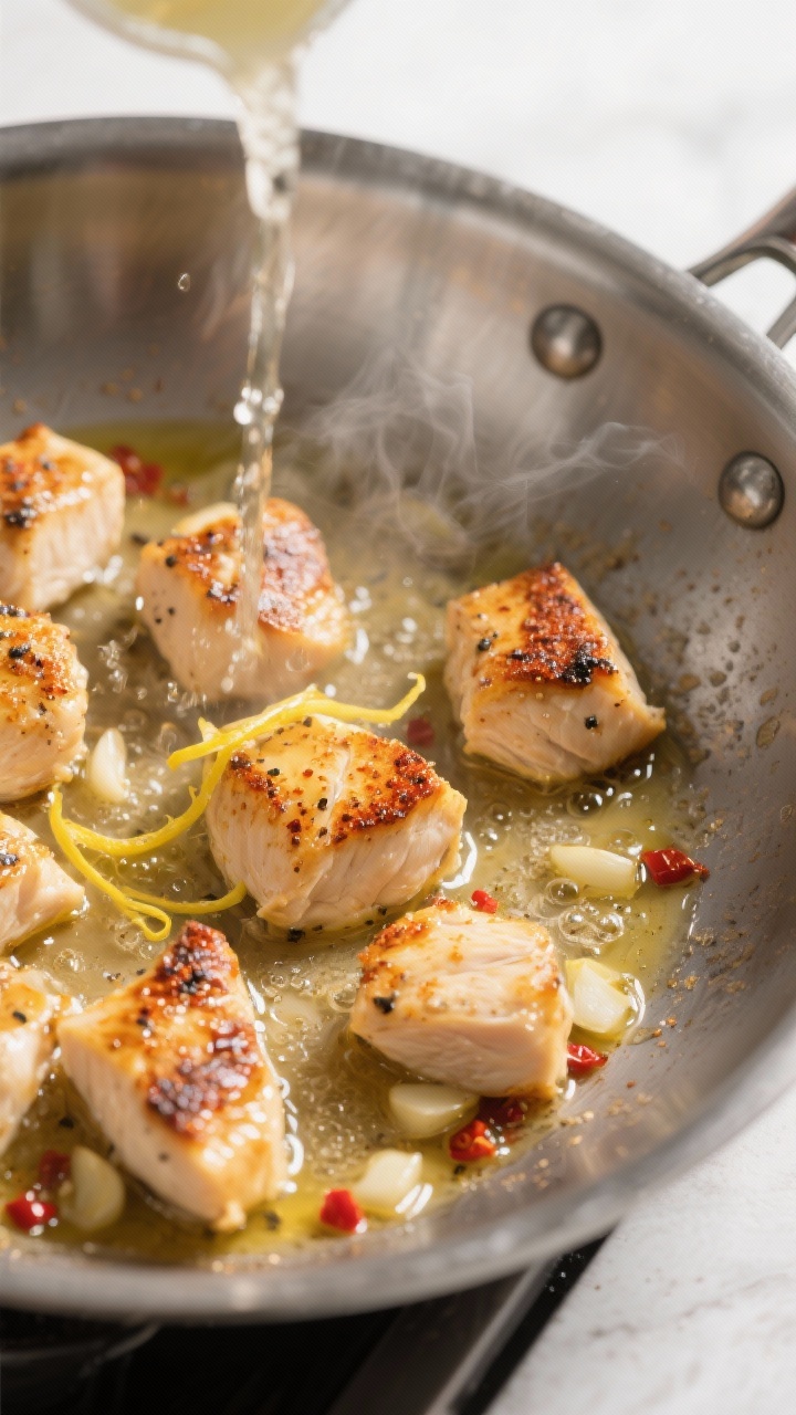 Cooking process close-up: Searing bite-size chicken breast pieces in a wide stainless-steel skillet,