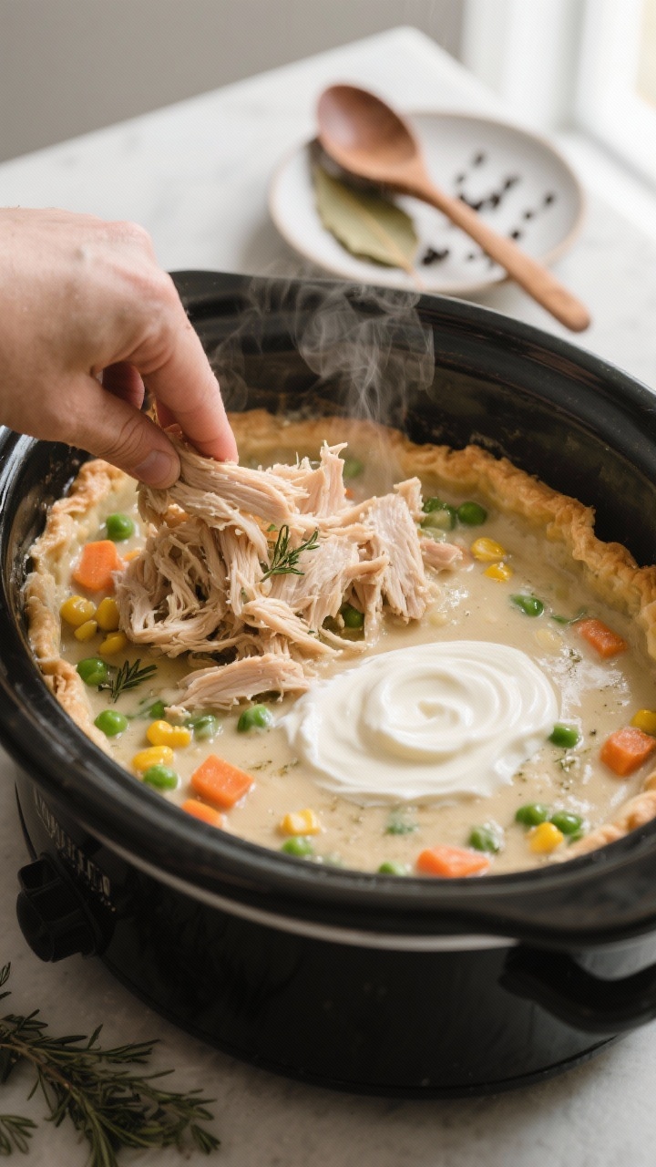 Cooking process close-up: Shredded slow-cooker chicken being folded back into a creamy pot pie filli