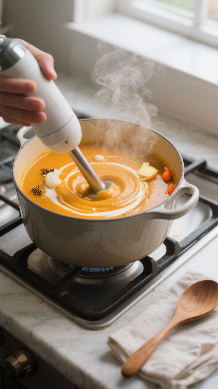 Cooking process close-up: Silky pumpkin soup being blended directly in a Dutch oven with an immersio
