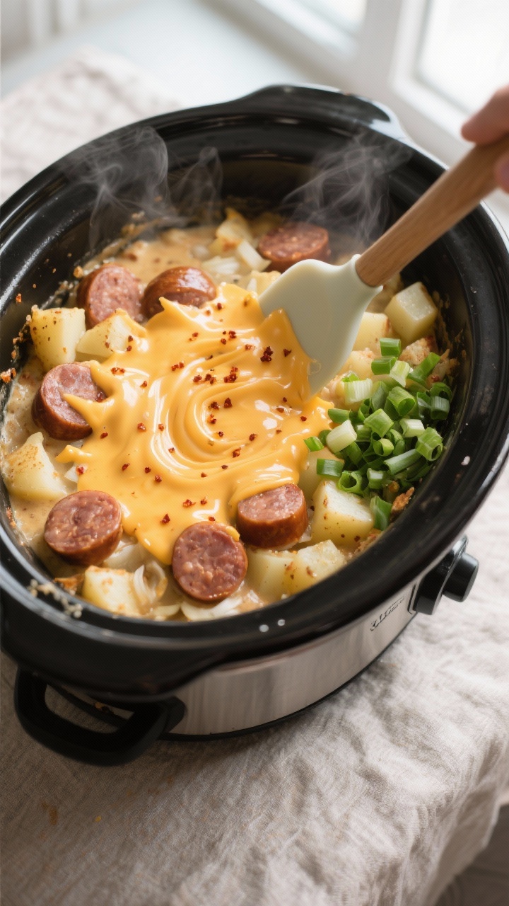 Cooking process, overhead: Overhead shot of a slow cooker just after the final cheese has been added