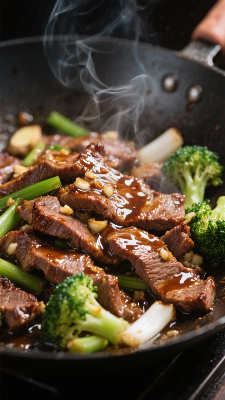 Cooking process — Searing beef and glossy sauce: Close-up of thinly sliced seared beef in a wok, e