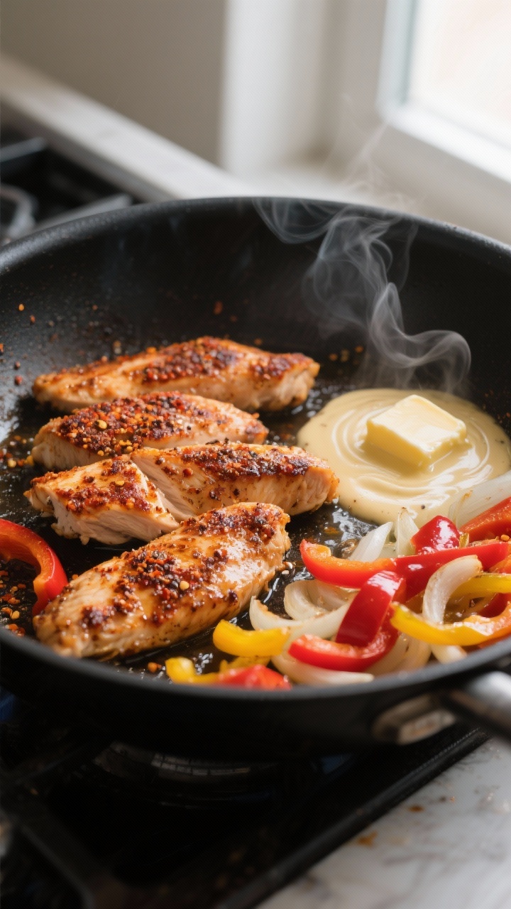 Cooking process: Searing Cajun-seasoned chicken strips in a large skillet, deeply browned edges with