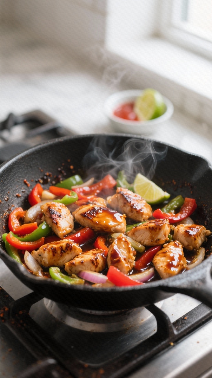 Cooking process – Speedy Chicken Veggie Skillet: Sizzling bite-size chicken pieces glazed with soy
