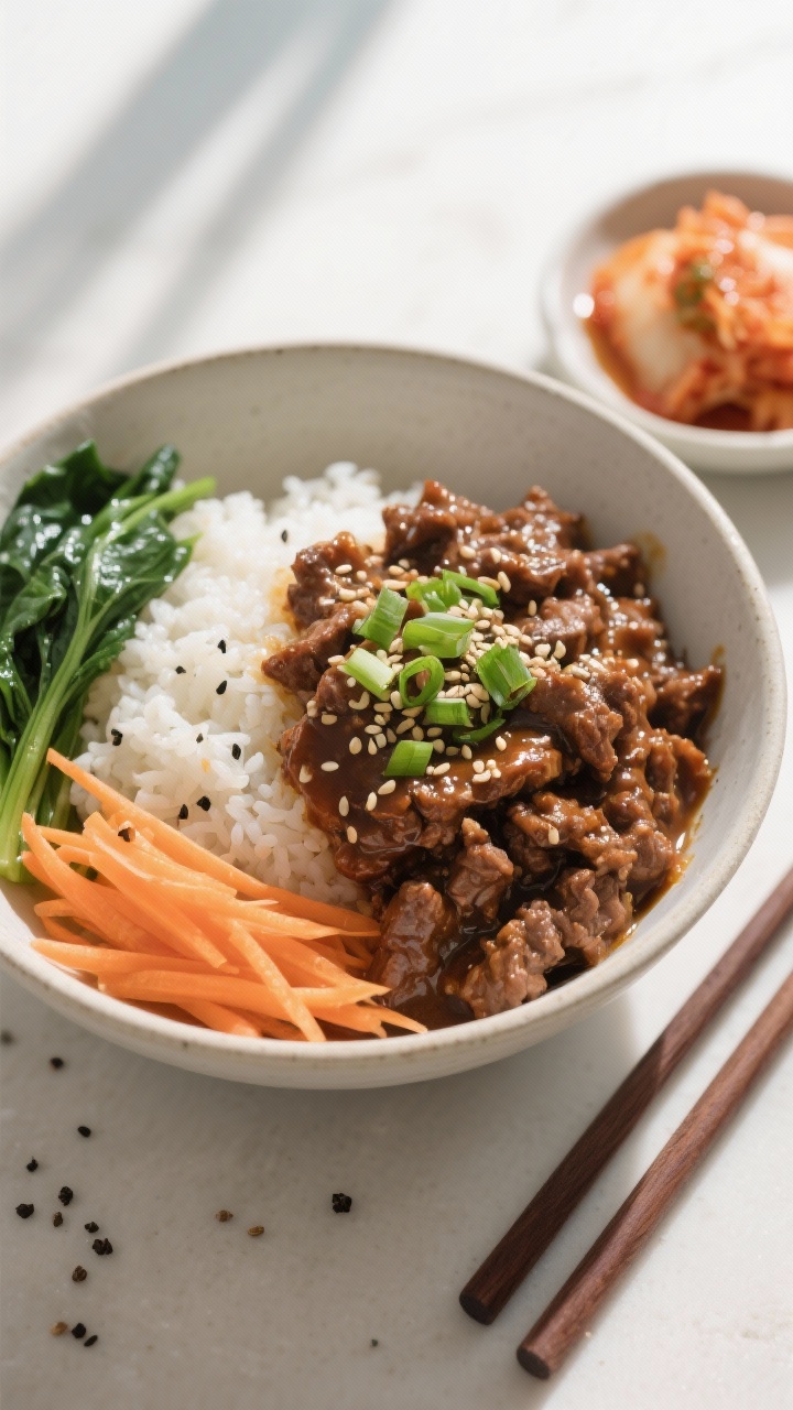 Final bowl overhead: Korean Ground Beef Bowl plated over fluffy white rice in a matte off-white cera