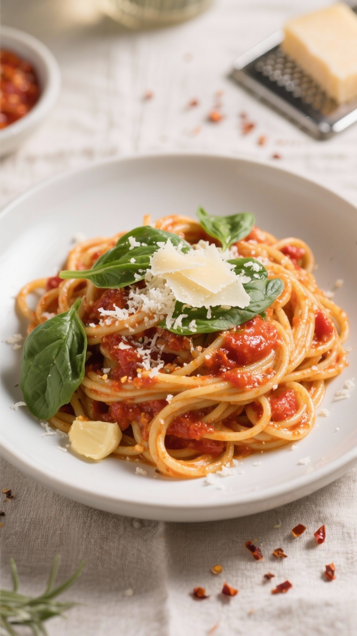 Final dish – 15-Minute Tomato Garlic Pasta: Overhead shot of spaghetti coated in a glossy tomato-g