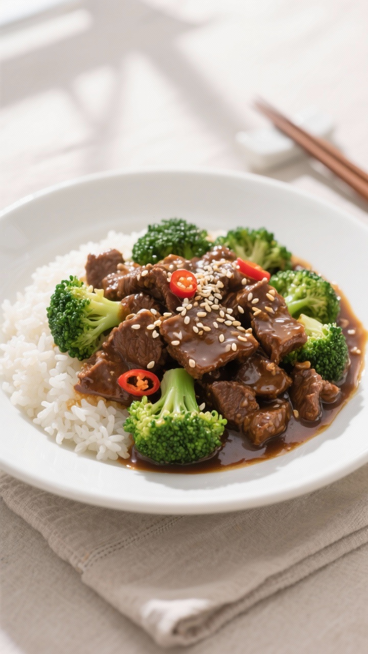 Final dish — Beautifully plated Chinese Beef and Broccoli over steamed jasmine rice: generous sauc