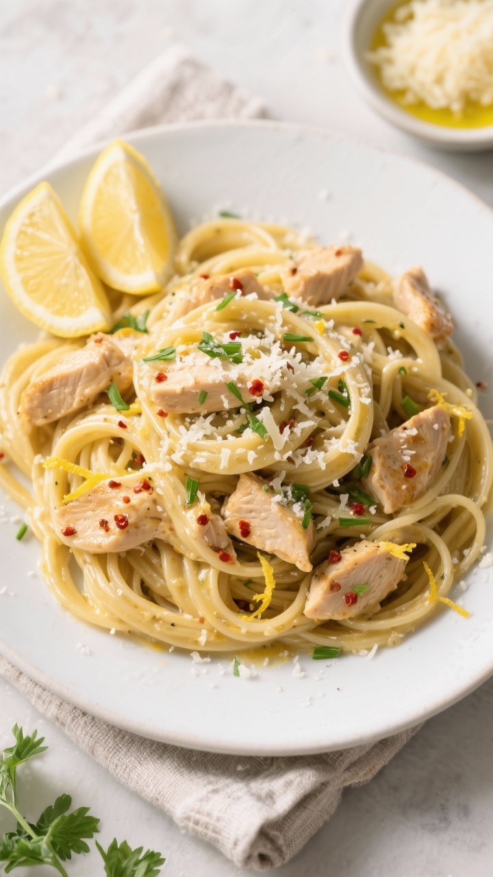 Final dish overhead: Cowboy Butter Chicken Linguine twirled into loose nests on a matte white rimmed
