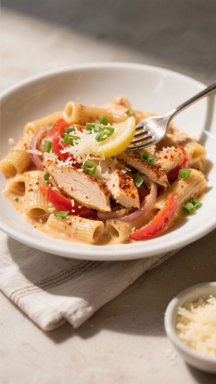 Final dish, overhead: Creamy Cajun Chicken Pasta plated in a wide white bowl—al dente rigatoni coa