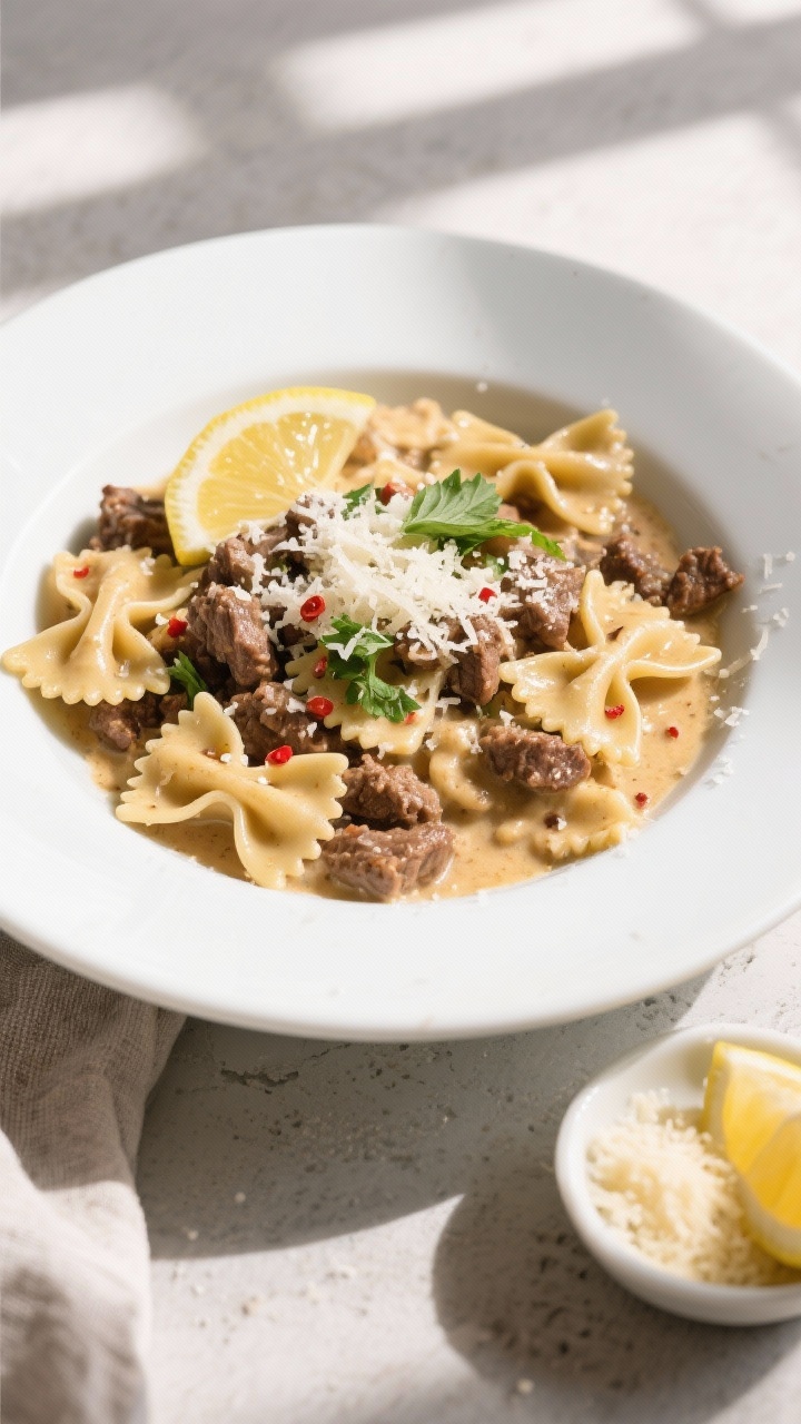 Final dish overhead: Creamy Parmesan Garlic Beef Bowtie Pasta plated in a wide, shallow white bowl, 