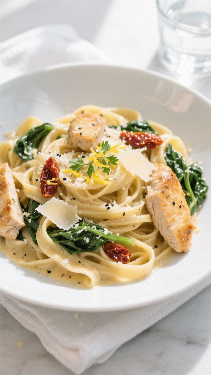 Final dish overhead: Garlic Butter Chicken Pasta (fettuccine) twirled into nests in a wide white bow