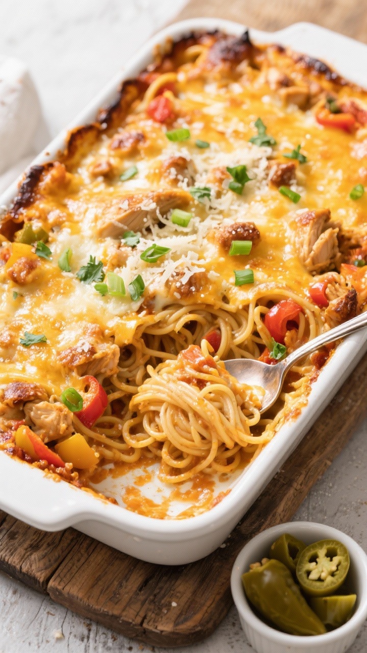 Final dish, overhead presentation: Bubbly, golden-browned Spicy Southern Chicken Spaghetti Casserole