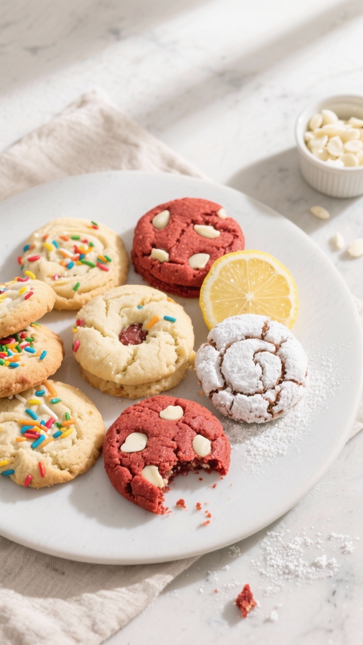 Final dish overhead shot: An of a mixed assortment of cookies—vanilla base with rainbow sprinkles 