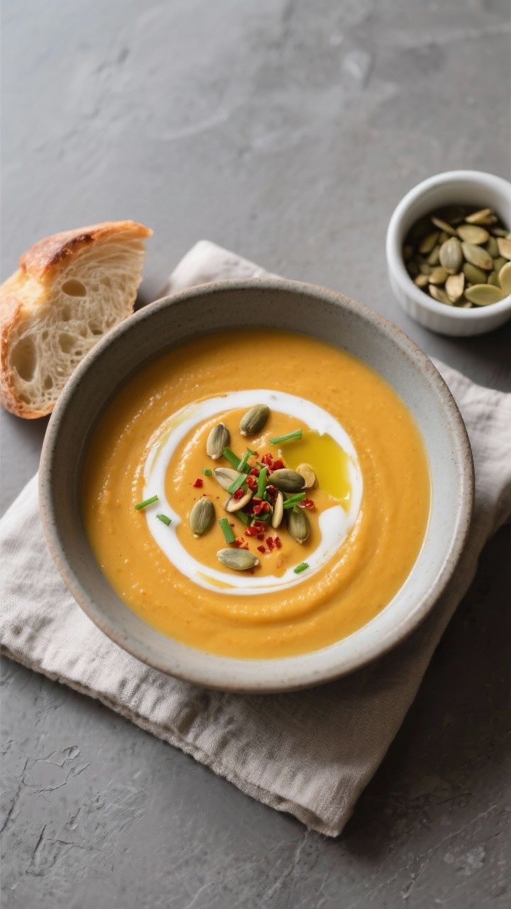 Final dish, : Overhead shot of a bowl of simple butternut squash soup, ultra-smooth and creamy with 