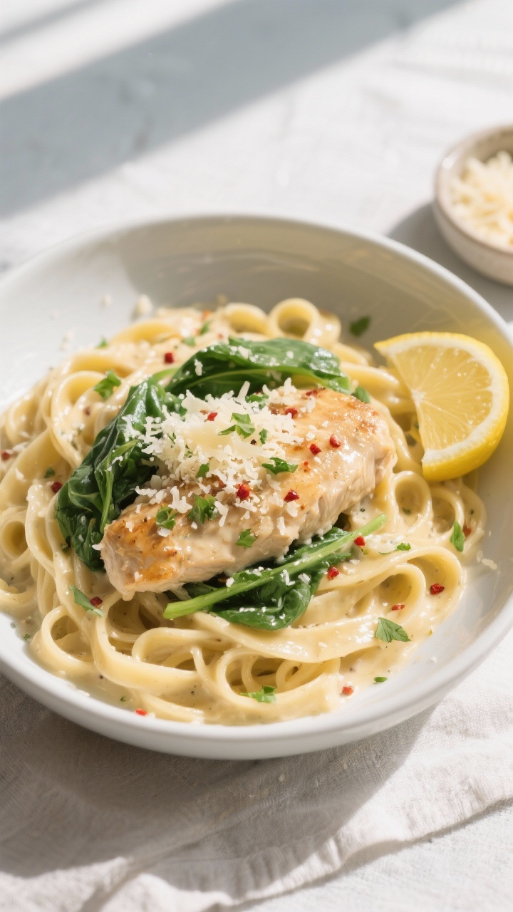 Final dish, : Overhead shot of creamy Garlic Parmesan Chicken Pasta twirled with fettuccine, generou