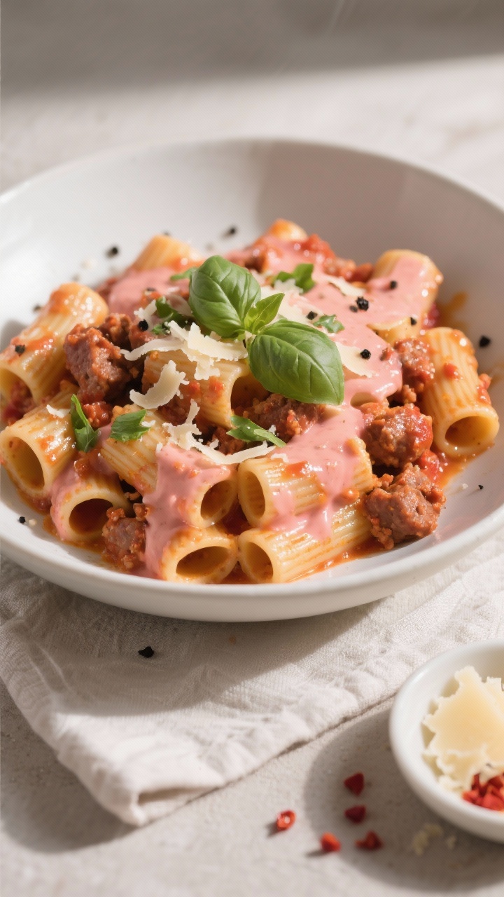 Final dish, : Overhead shot of rigatoni coated in a glossy tomato-cream sauce with crumbled sausage 