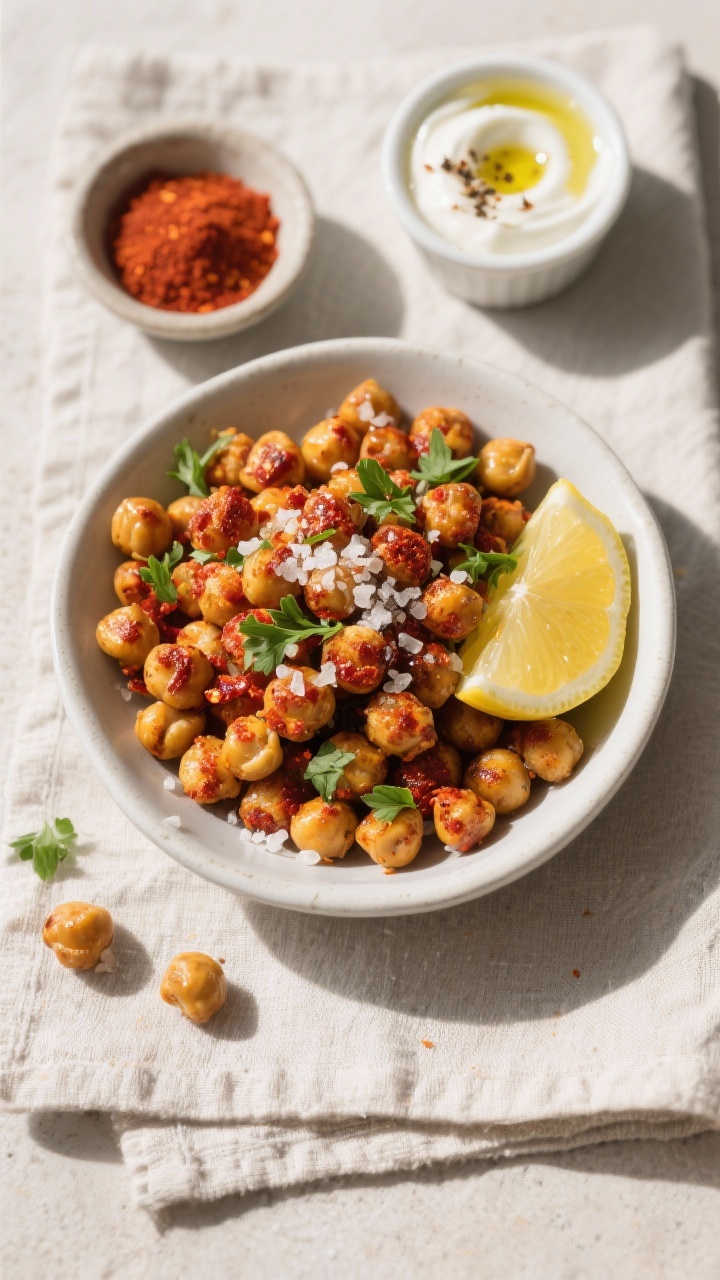 Final dish, overhead top view: Overhead shot of crispy roasted chickpeas, deep golden with paprika-r
