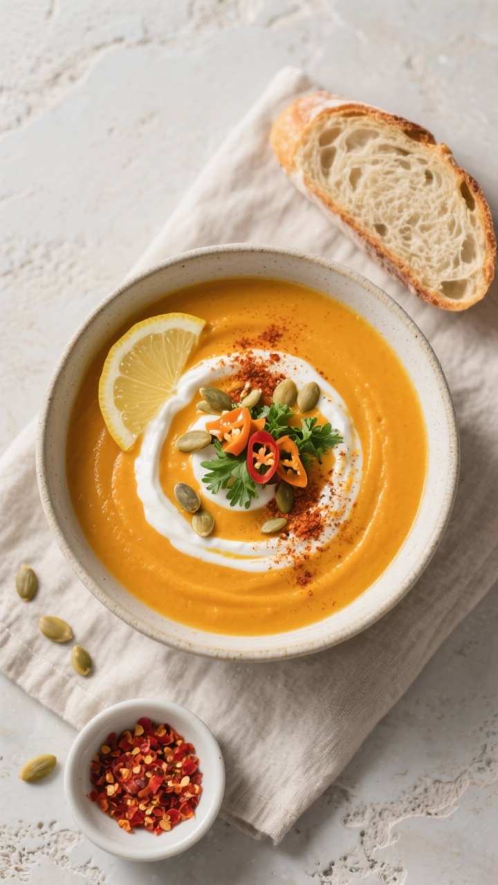 Final dish, tasty top view: Overhead shot of a bowl of Protein-Packed Butternut Squash Soup, rich su