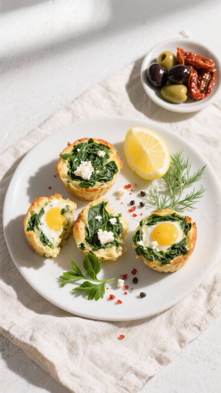 Final dish, tasty top view: Overhead shot of a breakfast spread featuring spinach and feta egg muffi