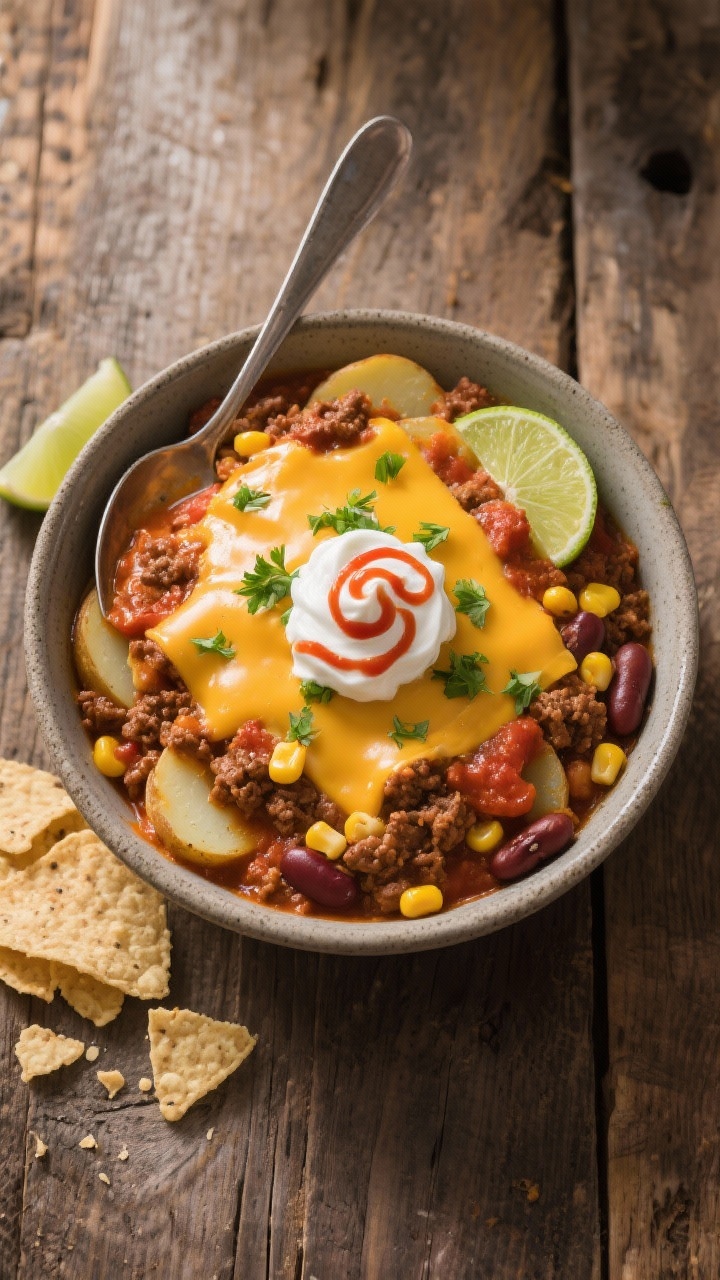 Final dish, tasty top view: Overhead shot of a hearty bowl of cowboy casserole spooned and set—dis