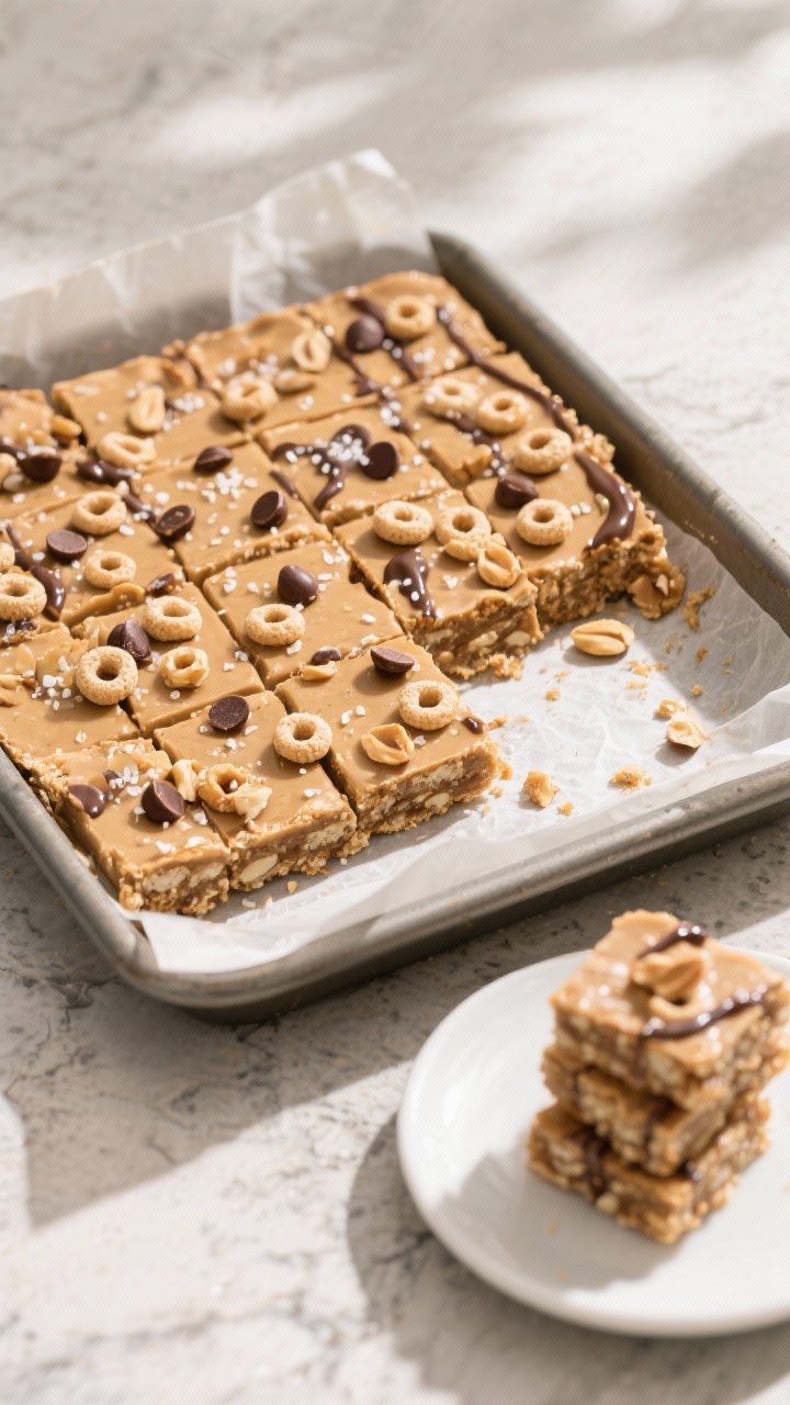 Final dish, tasty top view: Overhead shot of a parchment-lined 8x8 pan of set Peanut Butter Cheerio 