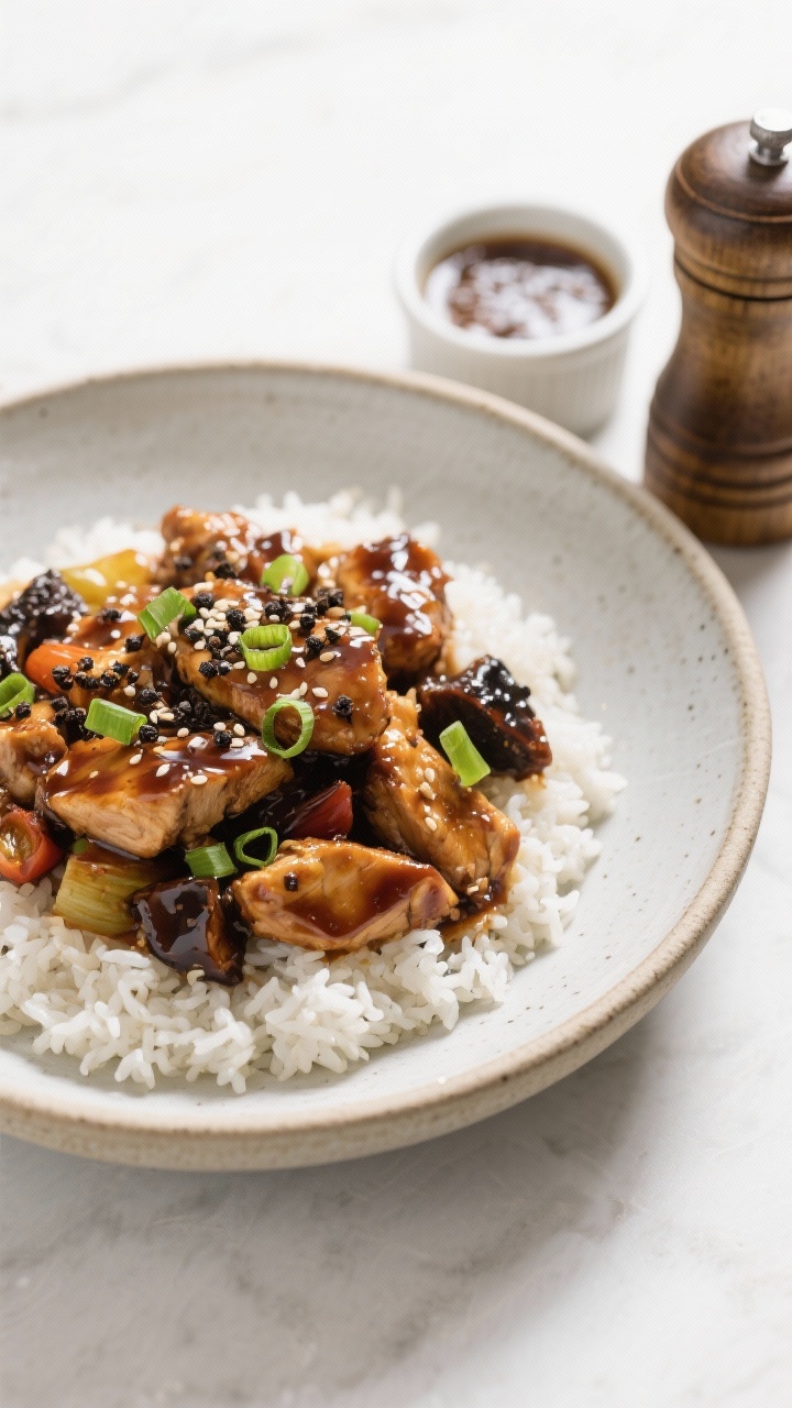 Final dish, tasty top view: Overhead shot of Black Pepper Chicken plated over fluffy steamed white r