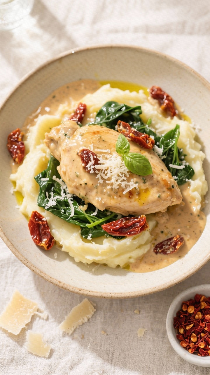 Final dish, tasty top view: Overhead shot of Creamy Tuscan Chicken plated over buttery mashed potato