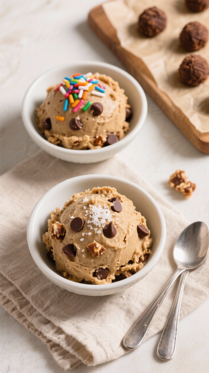 Final dish, tasty top view: Overhead shot of edible cookie dough scooped into two small dessert bowl