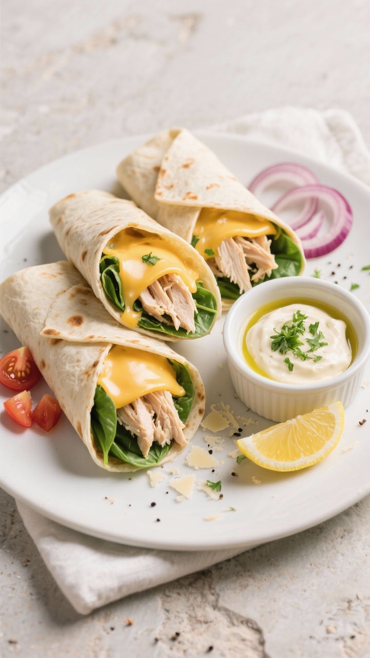 Final dish, tasty top view: Overhead shot of sliced Cheesy Garlic Chicken Wraps arranged on a matte 