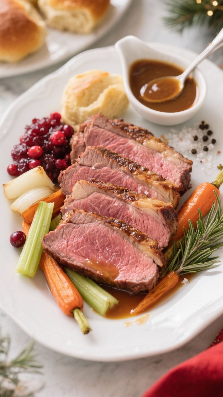 Final dish, tasty top view: Overhead shot of thick, against-the-grain slices of medium-rare Christma