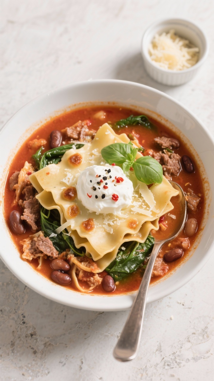 Final dish top-down: Overhead shot of a ladled bowl of High Protein Lasagna Soup, beautifully plated