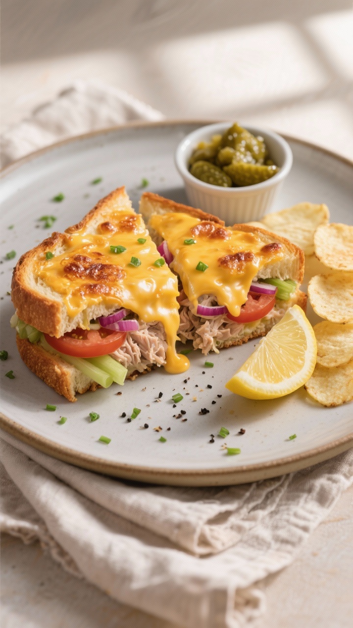 Final dish, top view: Overhead shot of a finished tuna melt sliced diagonally and slightly overlappe