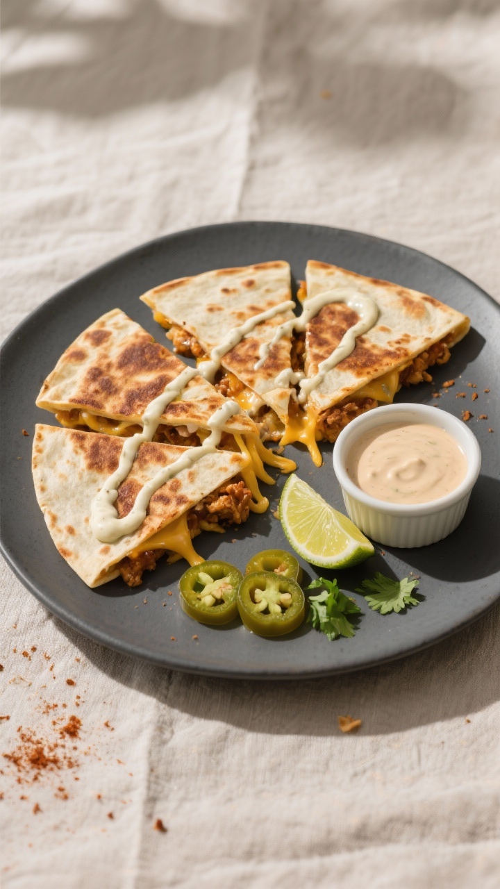 Final dish, top view: Overhead shot of a just-rested Taco Bell–style chicken quesadilla cut into 4