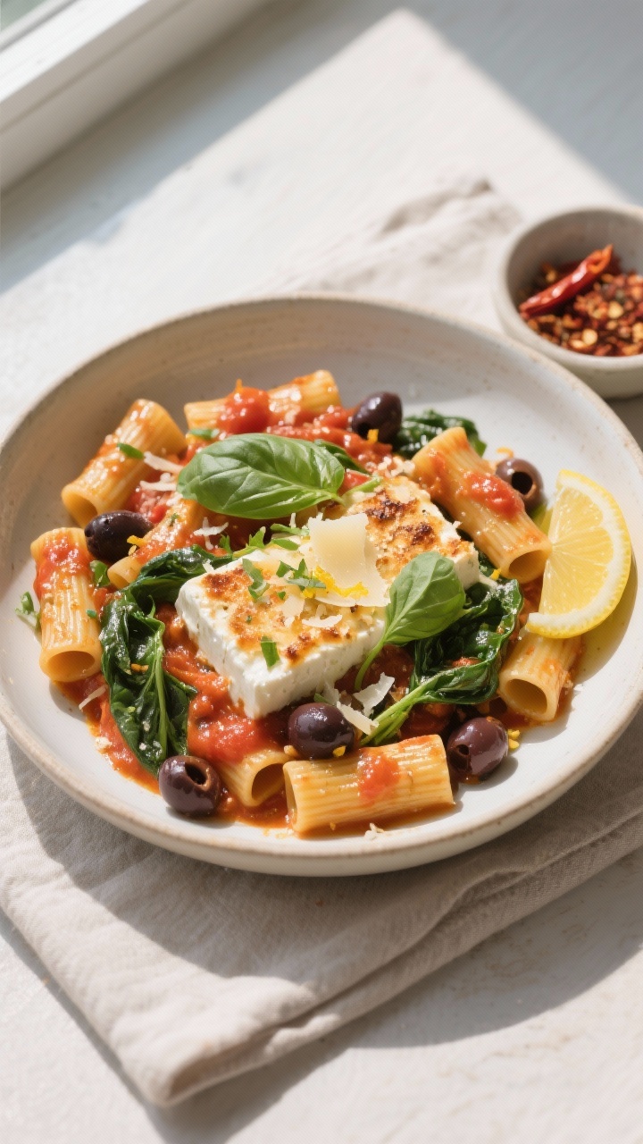 Final dish, top view: Overhead shot of Baked Feta Pasta tossed with rigatoni, glossy and saucy with 