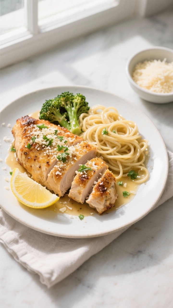 Final dish, top view: Overhead shot of Garlic Parmesan Chicken plated on a matte white rimmed plate,