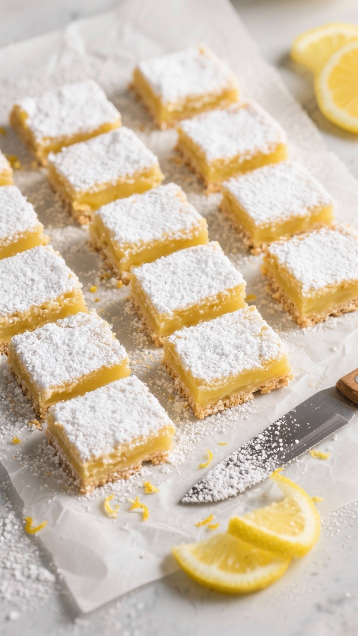 Final dish, top view: Overhead shot of neatly sliced lemon bars arranged in a tight grid on parchmen
