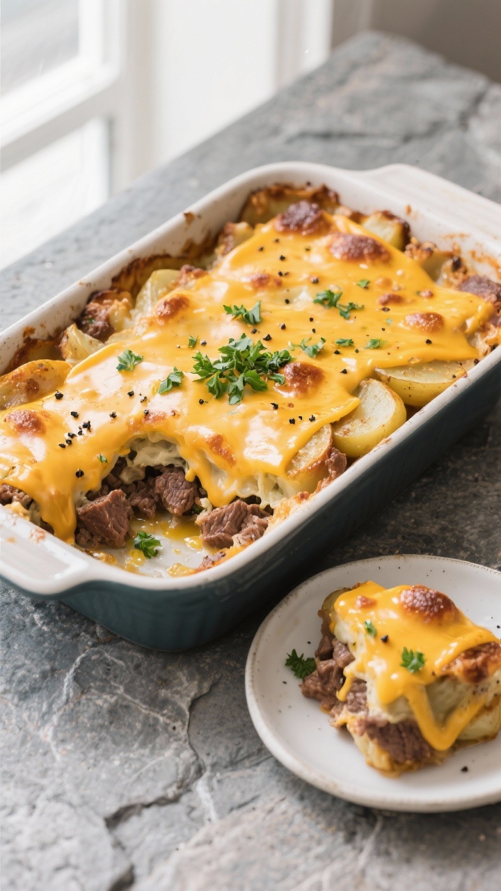Final dish, top view: Overhead shot of the finished Hobo Casserole in the baking dish with a corner 