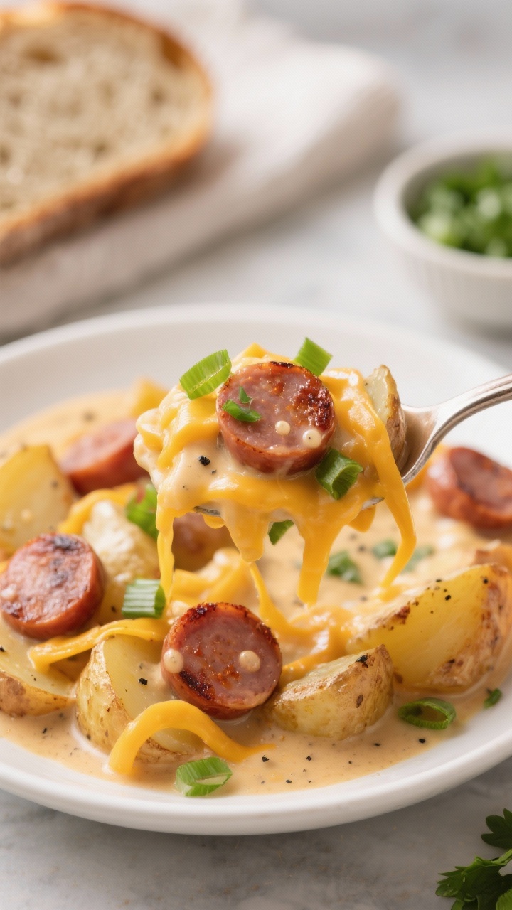 Final plated, close-up detail: Close-up of a heaping spoonful of Crockpot Cheesy Potatoes and Kielba