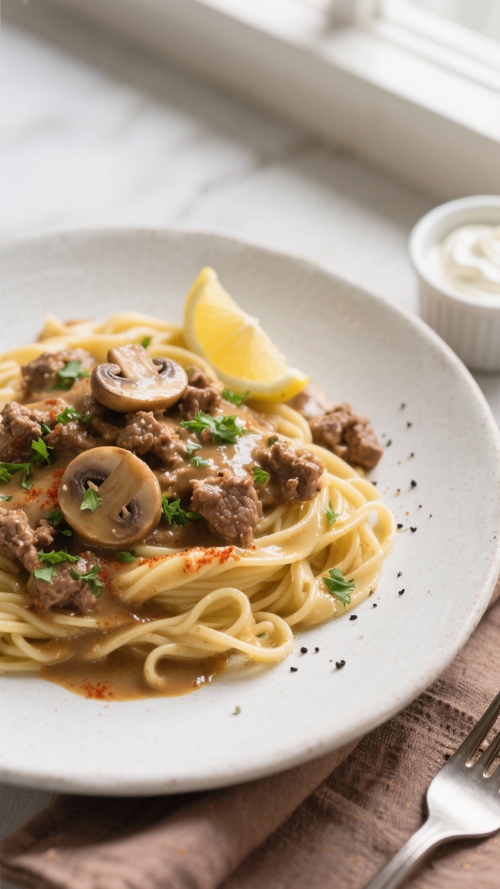 Final plated overhead: Beautifully plated Ground Beef Stroganoff spooned over buttered egg noodles o