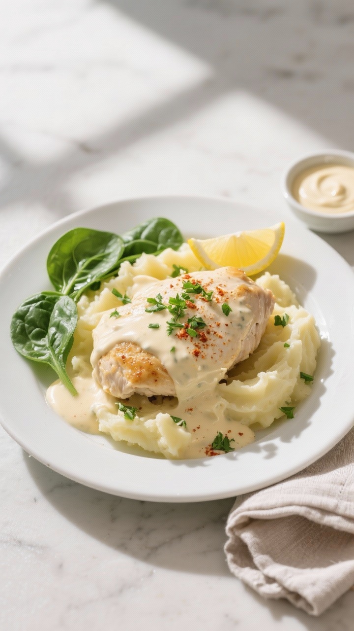 Final plated overhead: Cream Cheese Chicken served over buttery mashed potatoes on a matte white pla