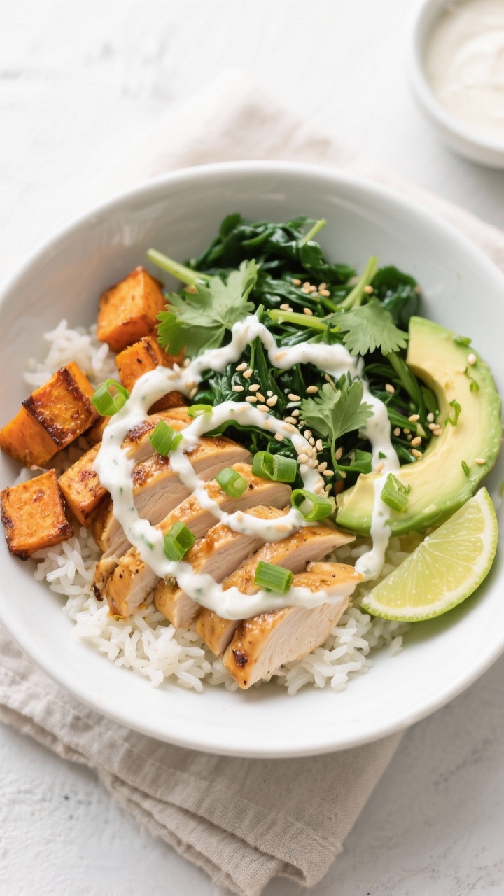 Final plated overhead: Healthy Chicken & Sweet Potato Rice Bowl arranged in a wide white ceramic bow