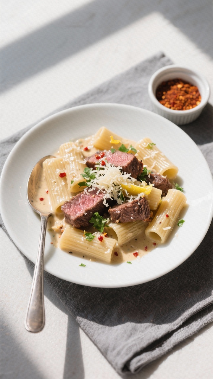Final plated overhead: Rigatoni coated in a silky Parmesan cream sauce with folded-in medium-rare st
