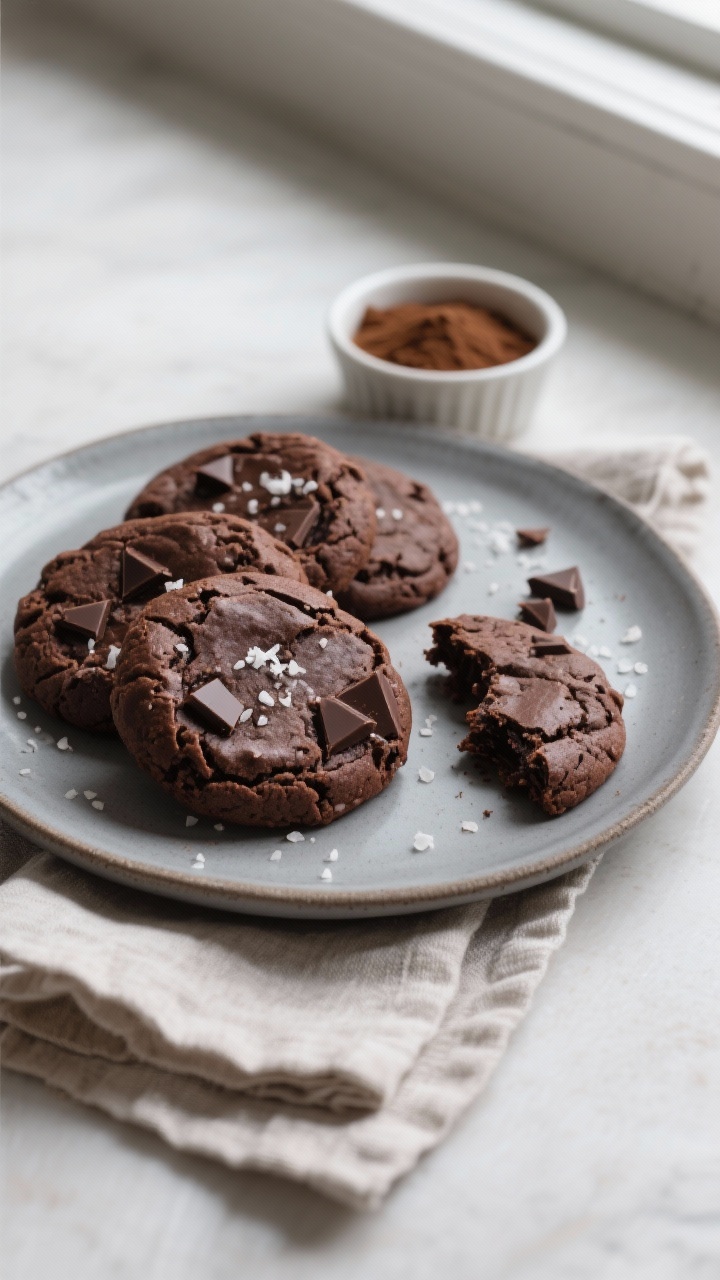 Final plated overhead shot: An top-down scene of brownie cookies styled for serving on a matte ceram