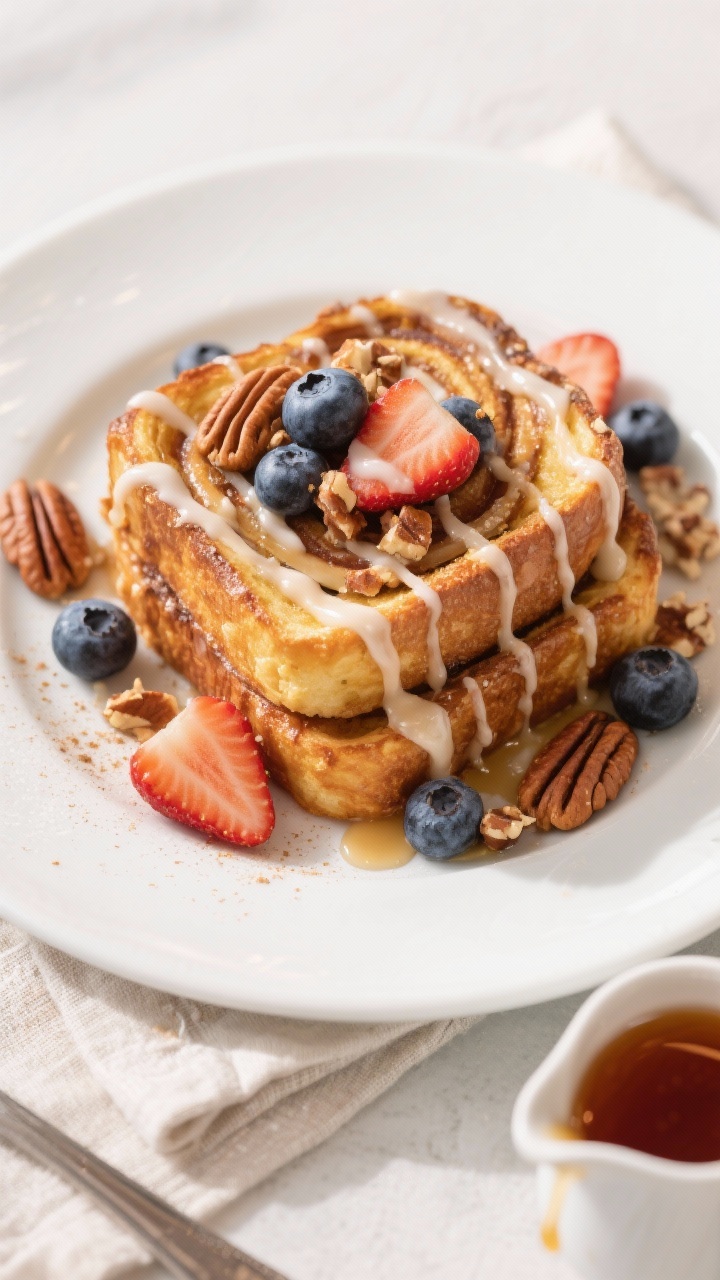Final plated overhead shot: Cinnamon Roll French Toast stacked on a white ceramic plate, glossy ribb