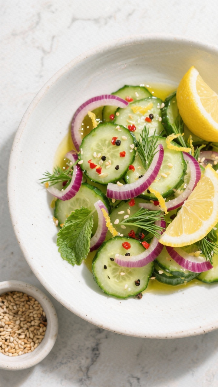 Final plated, tasty top view: Overhead shot of “Zesty Cucumber Delight” fully tossed—transluce