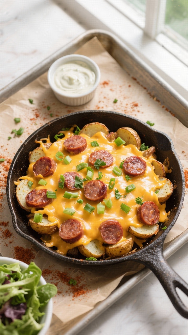 Final plated, top-down: Overhead shot of Cheesy Ranch Potatoes and Smoked Sausage finished in the sk