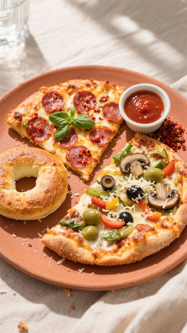 Final plated top view: Overhead shot of assorted air fryer bagel pizzas arranged on a warm-toned cer