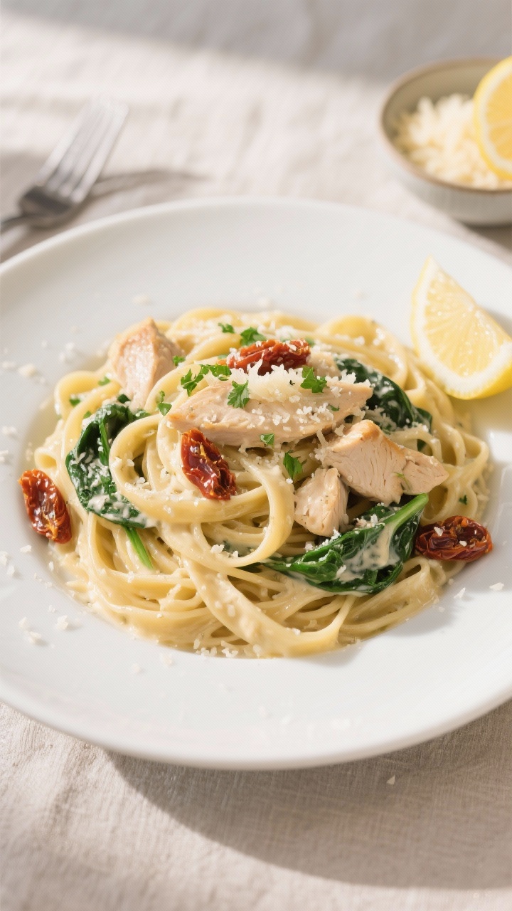 Final plated/top view: Overhead shot of Creamy Garlic Parmesan Chicken Pasta (fettuccine) twirled in
