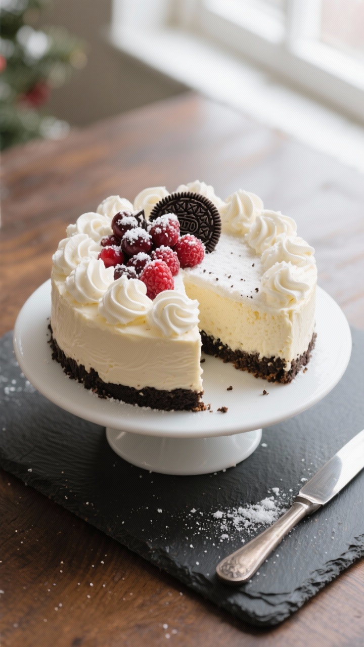 Final presentation overhead: English Oreo Christmas Cheesecake fully chilled and decorated, topped w