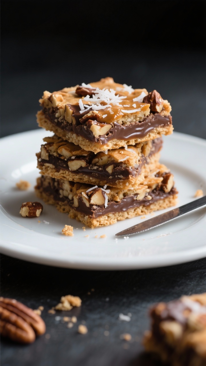 Final presentation, plated squares: Beautifully sliced Magic Cookie Bars stacked slightly offset on 