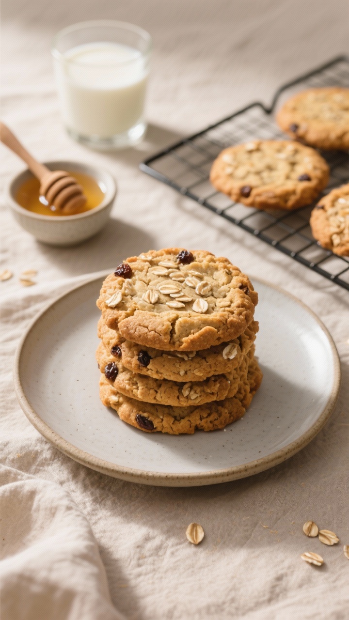 Overhead final presentation: A cozy top-down scene of a plate stacked with thick honey oatmeal cooki